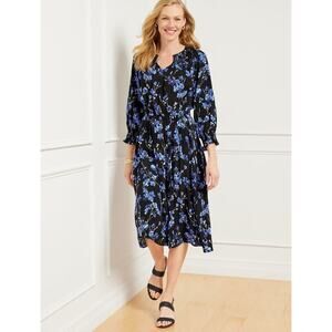 Talbots Smocked Midi Dress XL Petite Blue Floral Print Black Long Sleeve V-Neck
